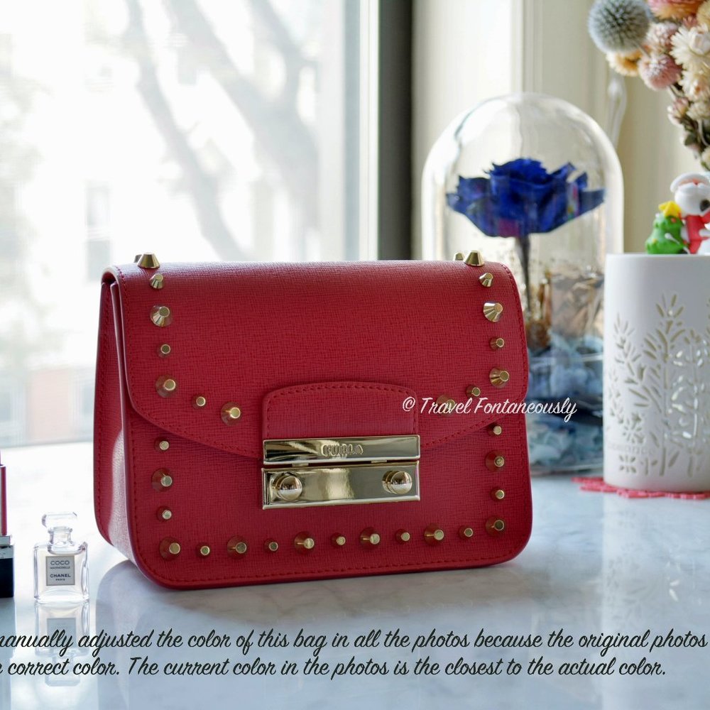 Furla Ruby Red Metropolis Bolero Mini Julia Gold Stud Crossbody Bag Clutch New